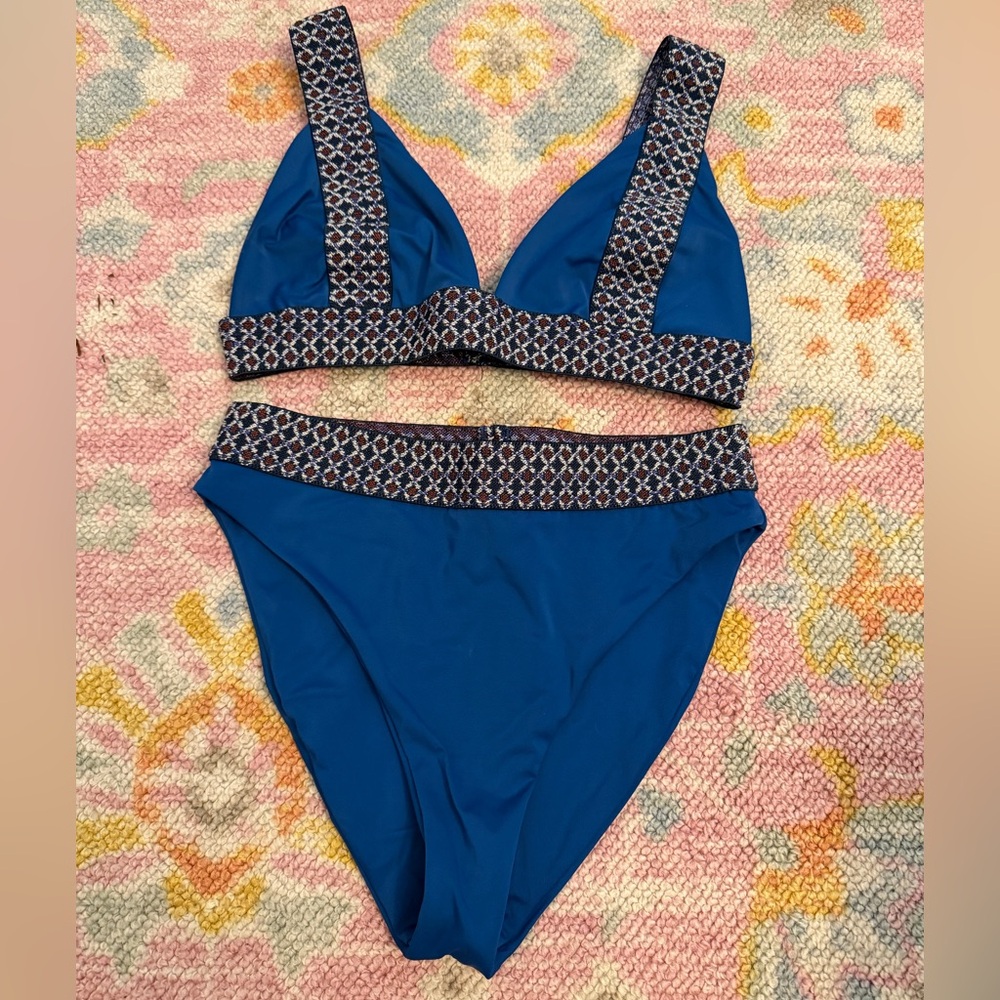 Blue Pattern-Trim High-Waist Bikini Set